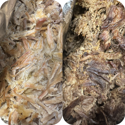 Side by side images of pulled pork and pulled beef.